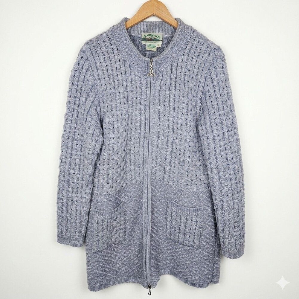Aran Crafts Ireland Merino Wool Cardigan Sweater Jacket Chunky Cable Knit Large